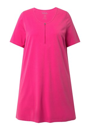 Jasně růžový dámský top s krátkými rukávy, kulatým výstřihem a krátkým předním zipem.