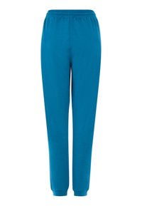 Turkooizen joggers gemaakt van zachte stof, voorzien van een elastische tailleband en aansluitende boorden, met een gladde textuur en zonder zichtbare patronen.