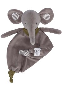 Elephant soft toy with gray fleece body, large ears featuring striped accents, knot tie at the base, and sewn label on fabric.