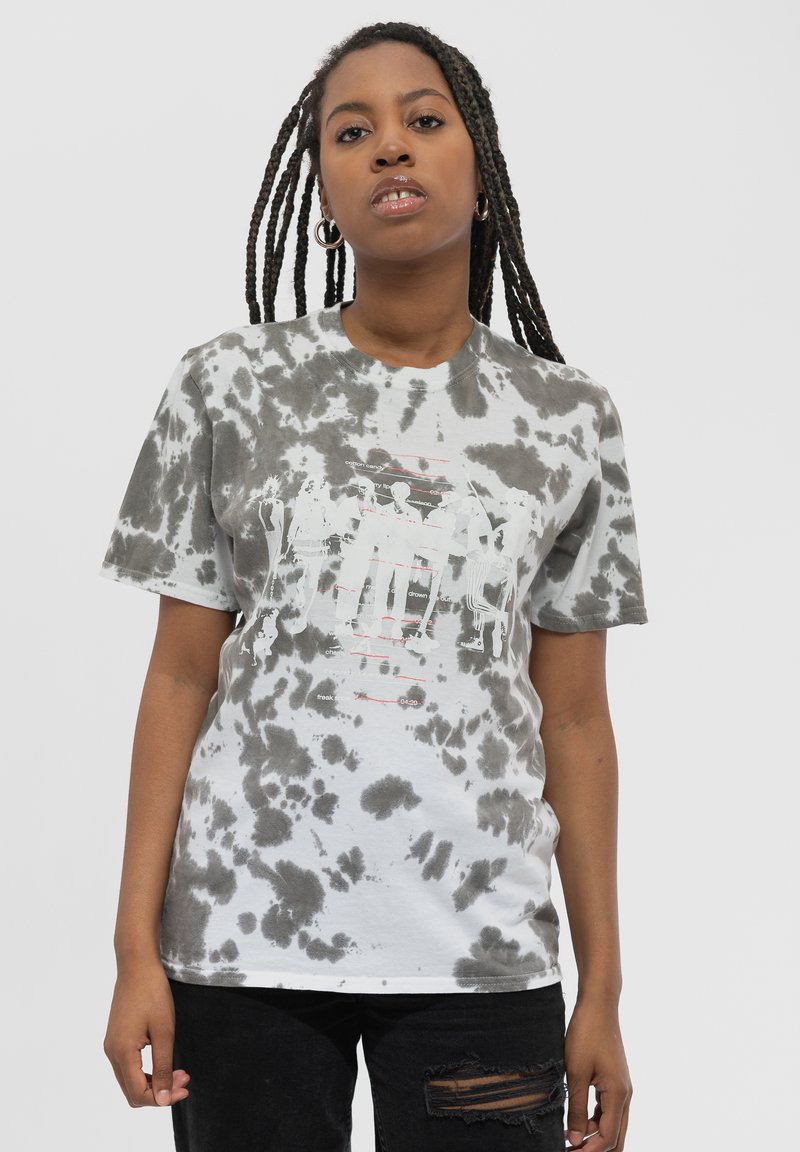 Gray and white tie-dye cotton t-shirt with a graphic print in red and black. Short sleeves, crew neck, and relaxed fit. Black ripped jeans.