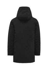 Giacca nera isolante con cappuccio, caratterizzata da un design elegante e una texture liscia. Taglio dritto con cuciture minime e assenza di elementi metallici visibili.