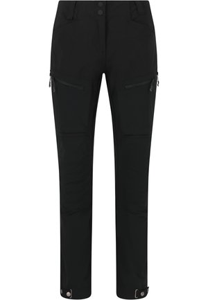 Schwarze Outdoor-Hosen mit zwei Vorderseitentaschen mit Reißverschluss, Knopfverschluss und verstellbaren Säumen. Hergestellt aus leichtem, strapazierfähigem Material.