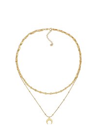 Collana a strati in tono oro con una catena decorata e un pendente a forma di mezza luna, dotata di un delicato dettaglio con chiusura regolabile.