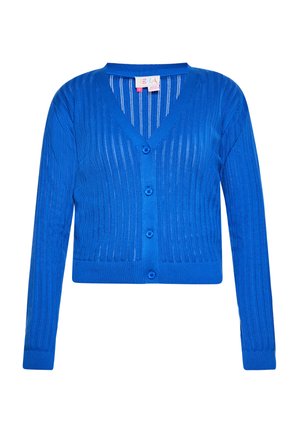 Blauwe geribbelde cardigan met een V-hals, lange mouwen en zes knopen aan de voorkant. Lichtgewicht materiaal met verticale strepen.