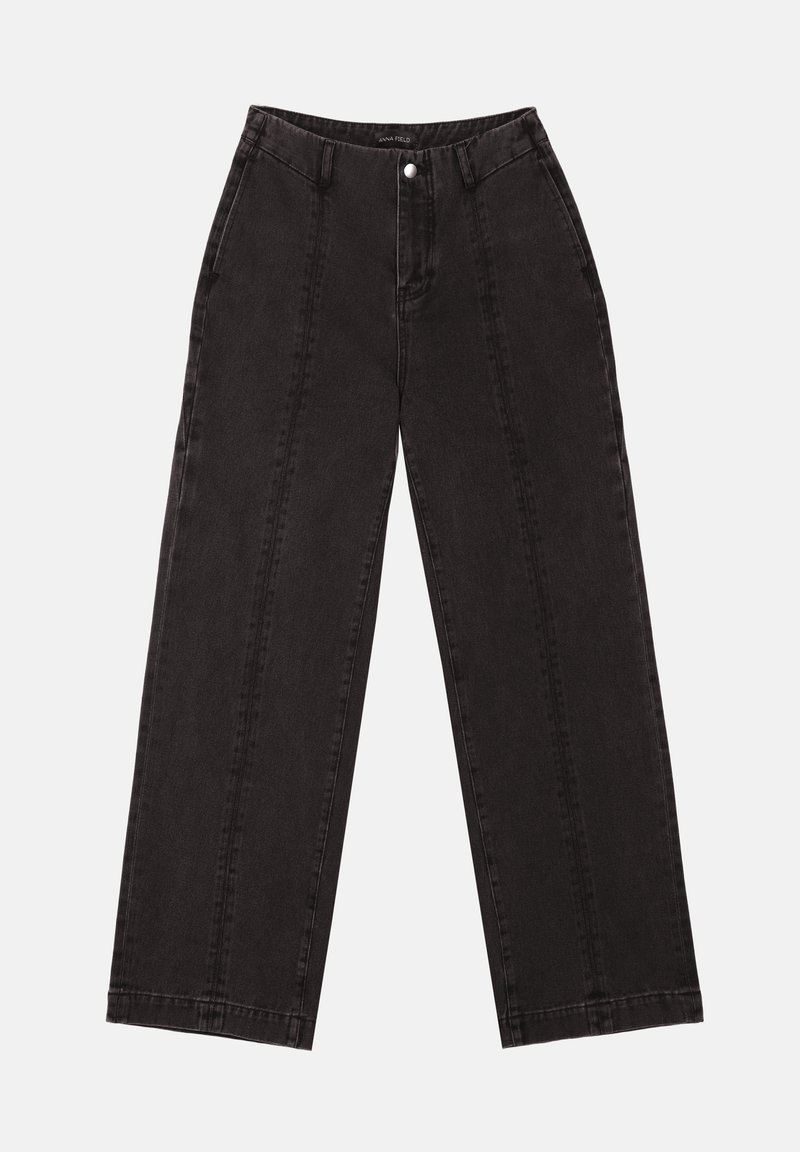 Zwarte wijde jeans gemaakt van denim, voorzien van een hoge taille, een sluiting met knoop aan de voorkant en twee verticale stiksel lijnen aan de voorkant.