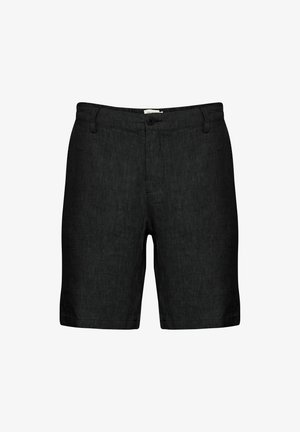 Juodi lininiai šortai su plokščiu frontu, dirželio kilpomis ir vienu mygtuko uždarymu. Jie turi tekstūruotą audinį ir šiek tiek siaurėjančias kojas.