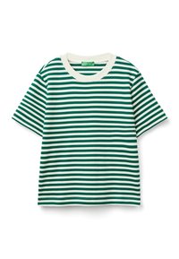 Grön- och vitrandig t-shirt med rund hals, korta ärmar och mjukt tyg. Horisontella ränder jämnt fördelade över plagget.