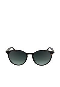 Ochelari de soare tip cat-eye cu rame din tortoise dark, lentile negre cu gradient și accente metalice elegante pe brațe. Textură netedă și lucioasă din plastic.