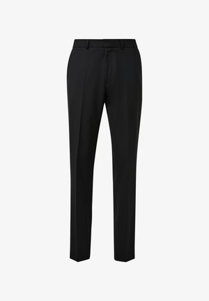 Czarne spodnie wykonane z gładkiego materiału, z płaskim przodem, prostymi nogawkami oraz klasycznym pasem z szlufkami na pasek.