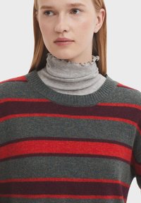 Maglione a righe in lana verde scuro, rosso e marrone, con un collo a girocollo a coste. Sotto è indossato un maglione grigio chiaro a collo alto.