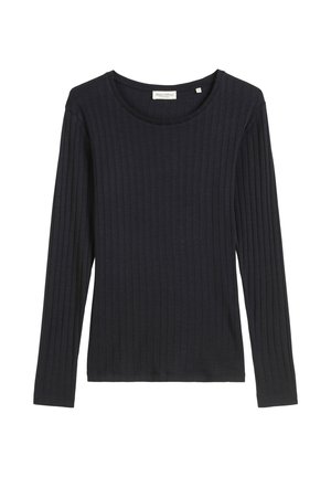 Haut en coton côtelé à manches longues, de couleur bleu marine, avec un col rond et une coupe ajustée. Texture remarquable grâce au motif côtelé horizontal.