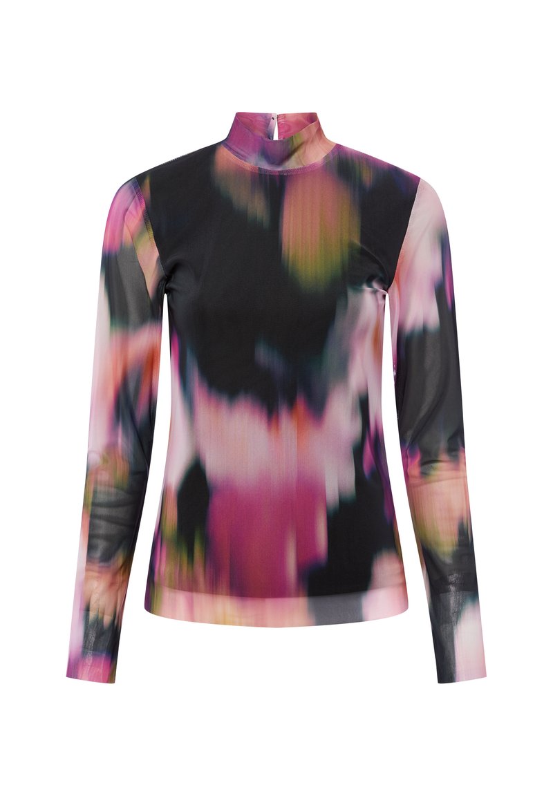 Top met lange mouwen en col gemaakt van lichtgewicht stof met een multicolor abstract patroon in roze, paars, groen en zwarte tinten.