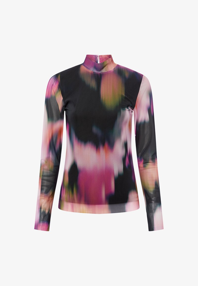 Top met lange mouwen en col gemaakt van lichtgewicht stof met een multicolor abstract patroon in roze, paars, groen en zwarte tinten.