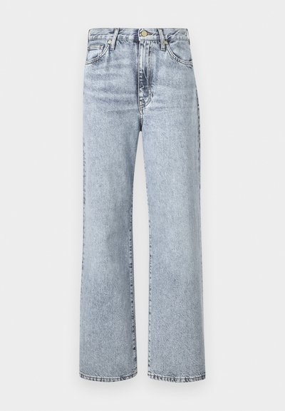 Light blue denim jeans with a relaxed fit, wide legs, and five-pocket design. Features a front button closure with a metal button accent.