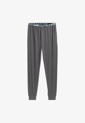 Pantalons de lounge gris en tissu doux, dotés d'une taille élastique avec un logo bleu, et des poignets fuselés au niveau des chevilles.