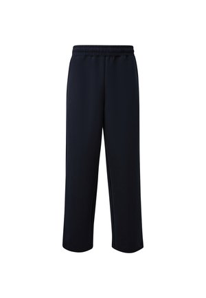 Schwarze Hose mit weitem Bein und elastischem Bund, geradem Schnitt, ohne sichtbare Taschen oder Verzierungen, auf weißem Hintergrund dargestellt.