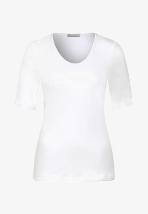 T-shirt bianca a maniche corte con scollatura rotonda, realizzata in tessuto morbido, caratterizzata da un design pulito e senza motivi o accenti.