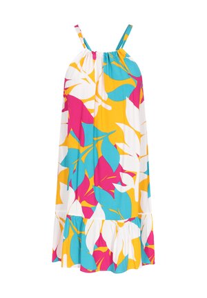Farebn dress s riaseným dekoltom, tenkými ramienkami a rozšíreným lemom. Tkanina zobrazuje živú potlač listov v ružovej, modrej a žltej farbe.