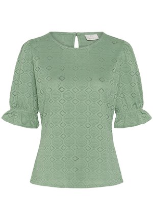 Blouse verte à manches courtes avec motif en dentelle de losanges et cercles, encolure ronde, fermeture au dos par bouton à fente, et poignets de manches à volants.
