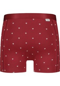 Mørkerøde boxershorts med et gentaget hvidt diamantmønster, lavet af blødt stof med en afslappet pasform og en kontrastfarvet talje.