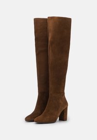 Stivali alti in suede marrone con tacco squadrato, caratterizzati da una superficie liscia e un design aderente con punta arrotondata. Nessun dettaglio decorativo o motivo.