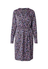 Robe portefeuille florale avec des manches longues, un décolleté en V profond et une taille élastiquée. Fond noir avec des motifs floraux violets et roses.