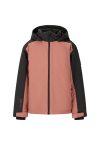 Vedenkestävä vaaleanpunainen ja musta takki, jossa on vetoketjukiinnitys, huppu, säädettävät hihansuut ja rohkea teksti hihassa. Sujuva rakenne, toiminnallinen muotoilu.