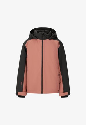 Vedenkestävä vaaleanpunainen ja musta takki, jossa on vetoketjukiinnitys, huppu, säädettävät hihansuut ja rohkea teksti hihassa. Sujuva rakenne, toiminnallinen muotoilu.