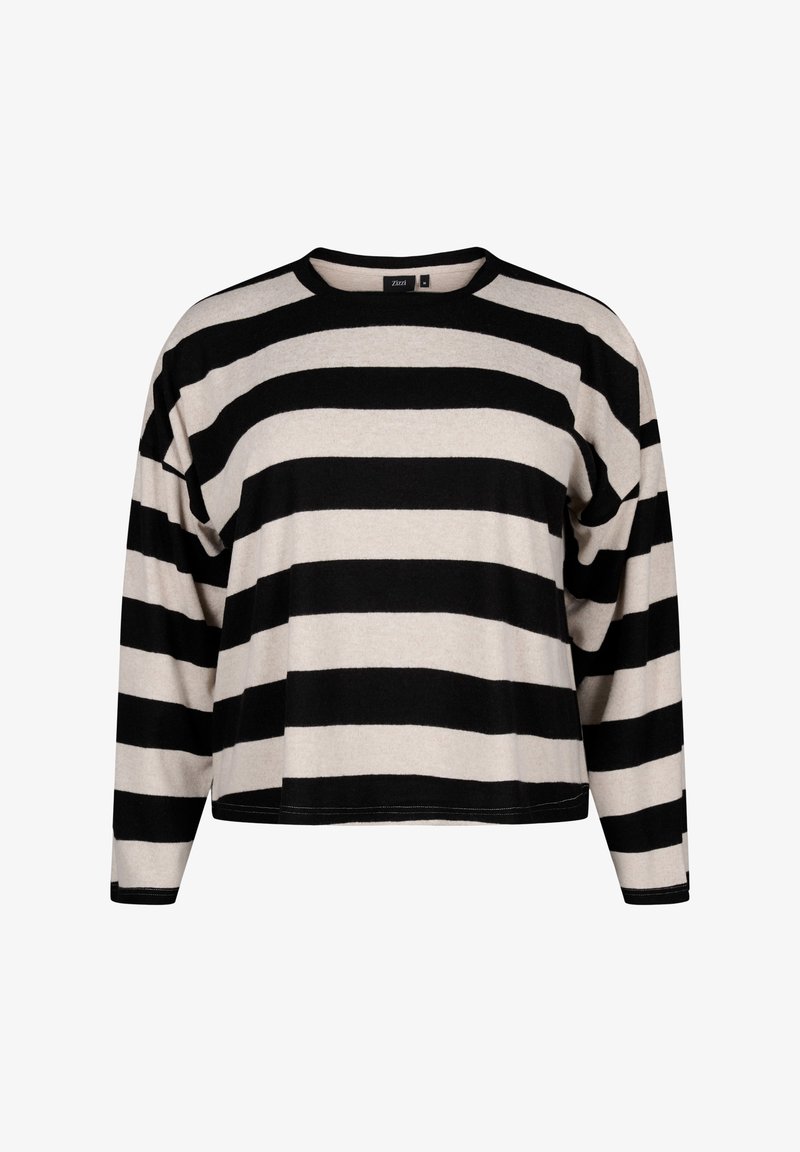 Gestreiftes Langarmshirt aus weichem Stoff; mit breiten schwarzen und beigen Streifen, Rundhalsausschnitt und legerem Schnitt.