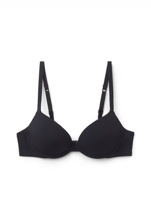 Sostén negro acolchado con tirantes delgados ajustables, textura suave y un diseño sin costuras, con un cierre de gancho y ojo en la parte posterior.