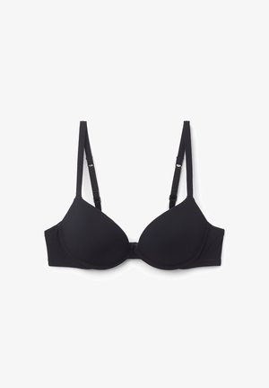 Soutien-gorge rembourré noir avec bretelles minces et réglables, texture lisse et design sans coutures, doté d'une fermeture à crochets et œillets à l'arrière.