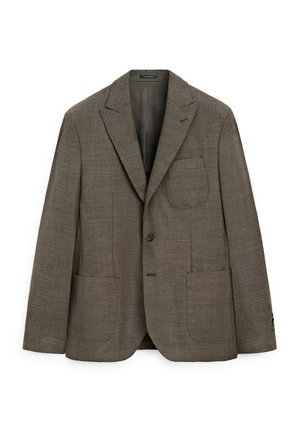 Brown textured blazer with a tailored fit, single button closure, notch lapels, and two front pockets. Notable fabric pattern details.