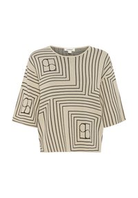 Beige lühikeste varrukatega topp, millel on mustad lineaarsed mustrid ja ruudukujulised aktsendid. Kangas on pehme tekstuuriga ja lõige on mugav.