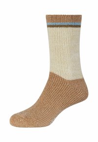 Brune og creme ribbede strømper med en lyseblå stripe øverst, der har et gradientdesign fra lys til mørkebrun. Blød tekstur.