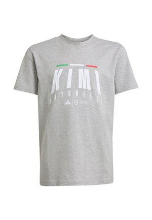 Grey cotton t-shirt with short sleeves, featuring white text "KIMI ANTONELLI" and green and red accents, standard crew neck.