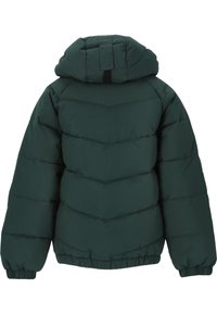 Mørkegrøn pufferjakke med hætte, der har et quiltet design, elastiske manschetter og en cropped bund. Materialet ser glat og isoleret ud.