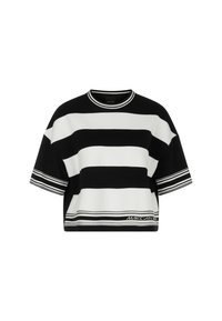 Black and white striped crop top made of knit fabric. Features a round neckline and wide sleeves with striped accents at the hem.