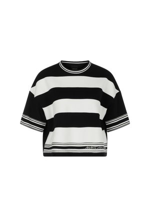 Schwarz-weißer gestreifter Crop-Top aus Strickmaterial. Verfügt über einen runden Halsausschnitt und weite Ärmel mit gestreiften Akzenten am Saum.