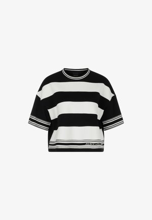 Schwarz-weißer gestreifter Crop-Top aus Strickmaterial. Verfügt über einen runden Halsausschnitt und weite Ärmel mit gestreiften Akzenten am Saum.