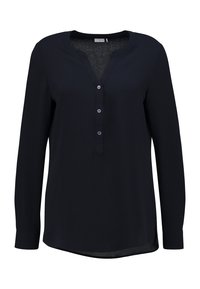 Navyblaue Bluse mit langen Ärmeln, V-Ausschnitt, Knopfverschluss und abgerundetem Saum; aus einem leichten, glatten Stoff gefertigt.
