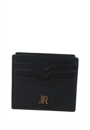 Portafoglio portacarte in pelle nera con tre scomparti per carte e iniziali dorate JR sul davanti.