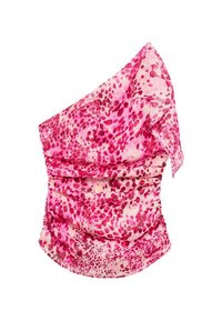 Rosa, gemustertes Top mit einem Schulterträger und Raffung. Es hat verschiedene Rosatöne und Cremetöne, ist aus leichtem Material und hat einen fließenden Schnitt.