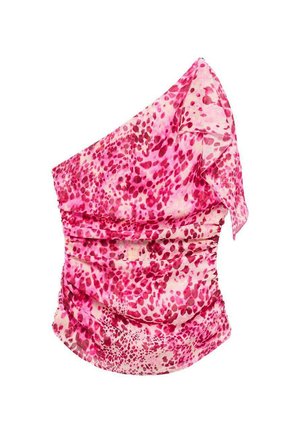 Pink, patterned one-shoulder top with ruching. Features shades of pink and cream, lightweight fabric, and a flowing design.