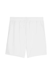 Weiße Sportshorts mit lockerer Passform, elastischem Bund und zwei Seitentaschen. Hergestellt aus leichtem Stoff, glatte Oberfläche, keine sichtbaren Muster.