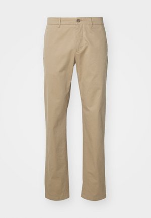Beige chinos med lige ben design, lavet af bomuldsstof, med en enkelt frontknap og standard talje med bæltesløjfer.
