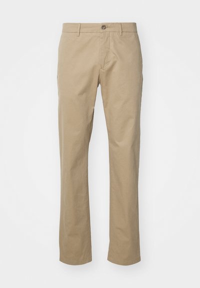 Beige chinos ar taisnu kāju dizainu, izgatavoti no kokvilnas auduma, ar vienu priekšējo pogu un standarta vidukļa joslu ar josta cilpiņām.