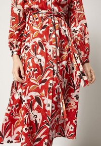 Robe florale rouge avec des manches longues et une taille cintrée. Présente des fleurs blanches, oranges et brunes sur un tissu transparent avec un motif audacieux.