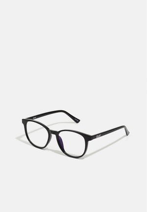 Black rectangular eyeglasses with clear lenses and a purplish tint. Features a glossy finish and "QUAY" branding on the temple.