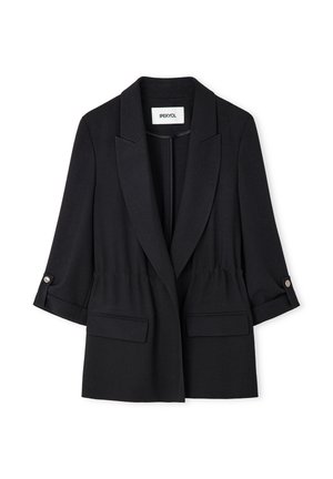 Black women's blazer with notch lapels, ruched waist, three-quarter sleeves with button tabs, and two front flap pockets.