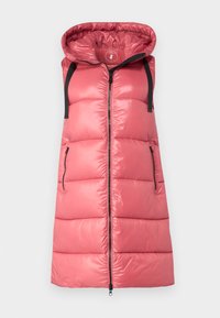 Gilet imbottito senza maniche di un vivace color rosa, con cappuccio, zip frontale e due tasche laterali con zip. Texture liscia e lucida.